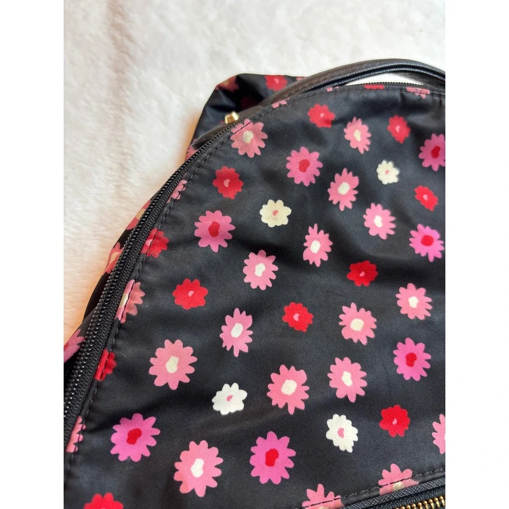 Michael Kors Abbey Nylon Backpack Black Pink Red Floral Daisy Print Gold Hardwar